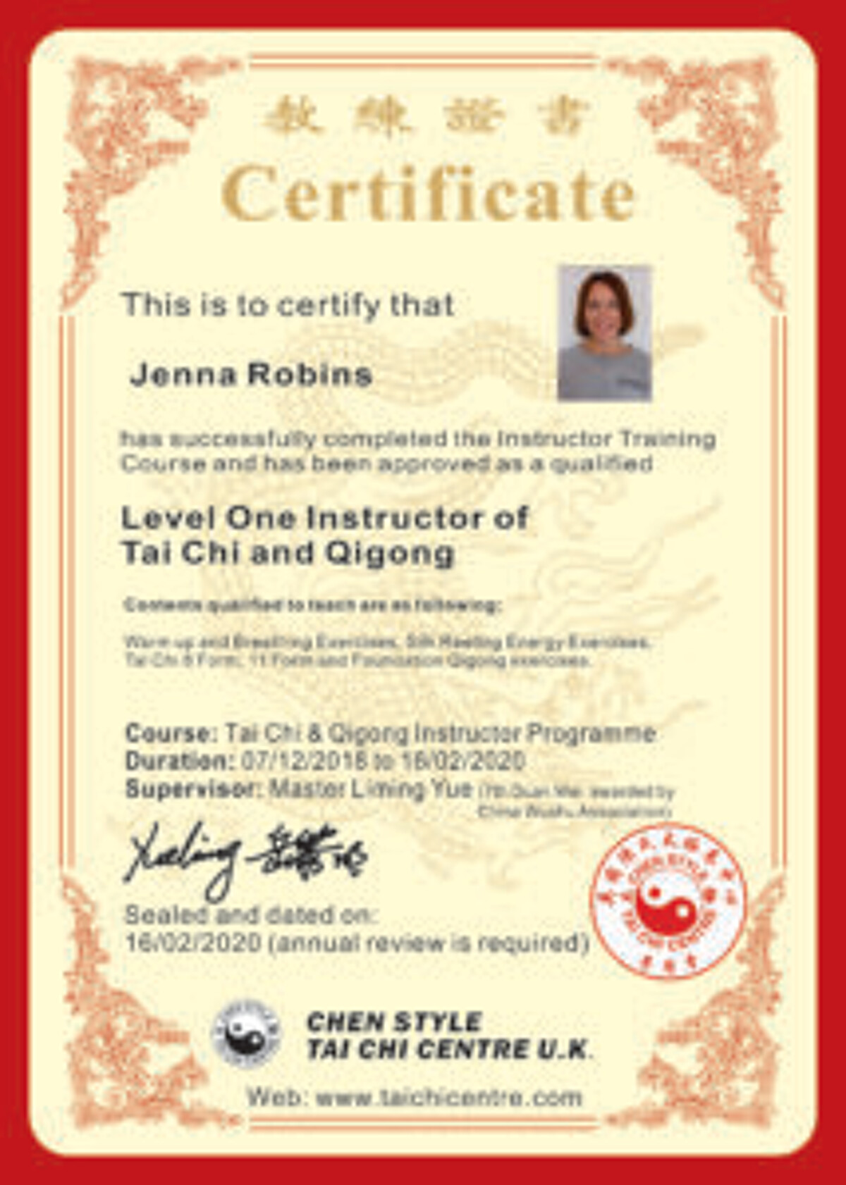 Jenna's certification